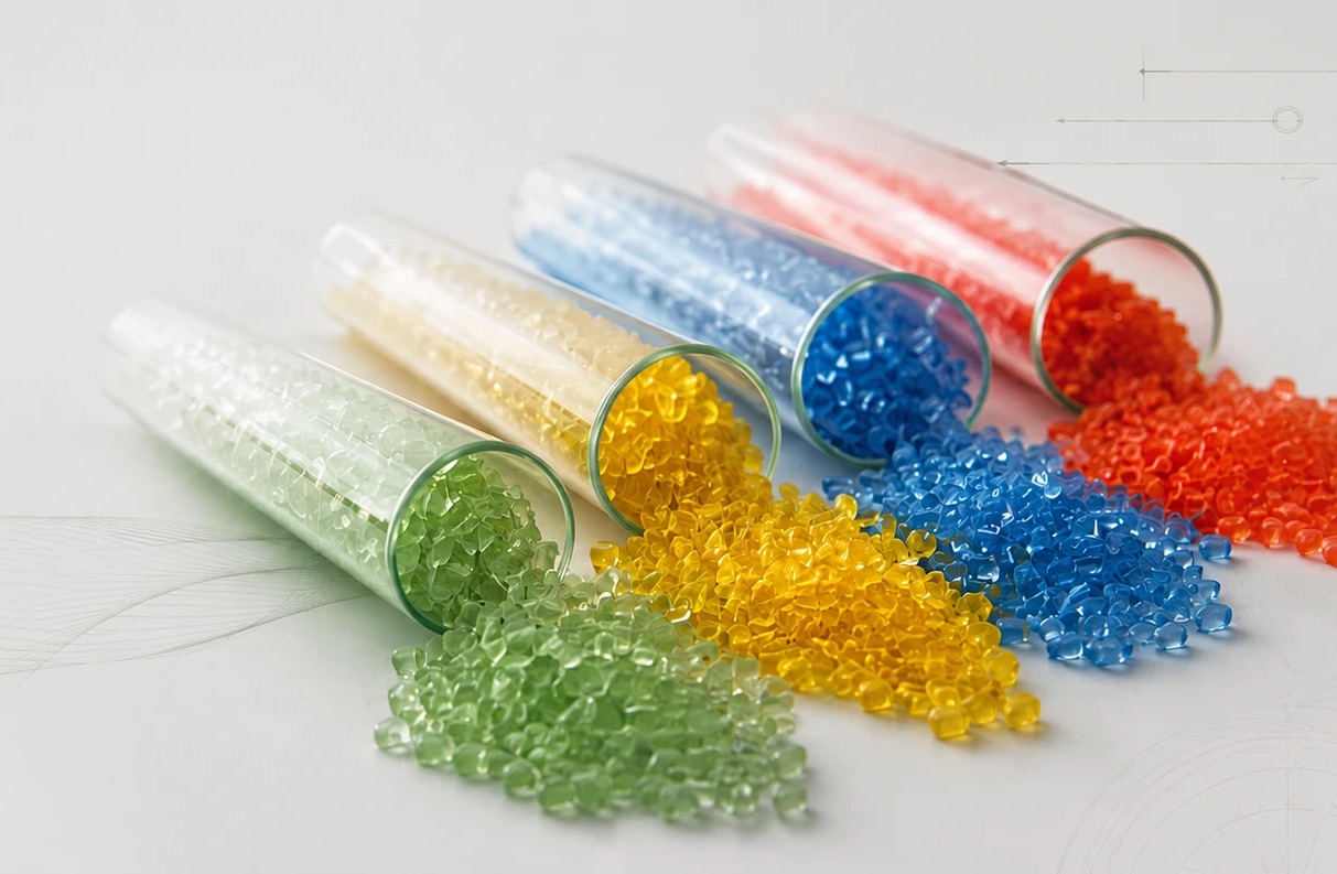 Grânulos de plástico coloridos transbordando de tubos de ensaio